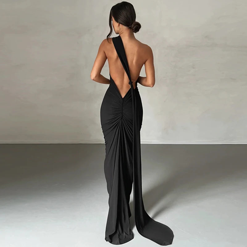 Backless Scrunch Adjustable Shoulder Scarf Dress