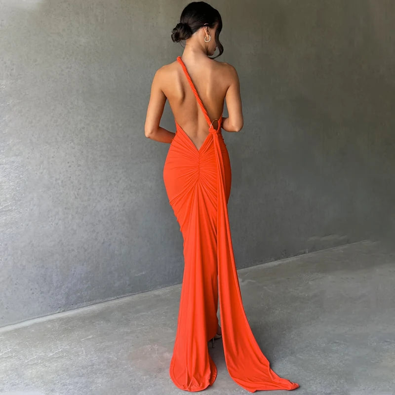 Backless Scrunch Adjustable Shoulder Scarf Dress