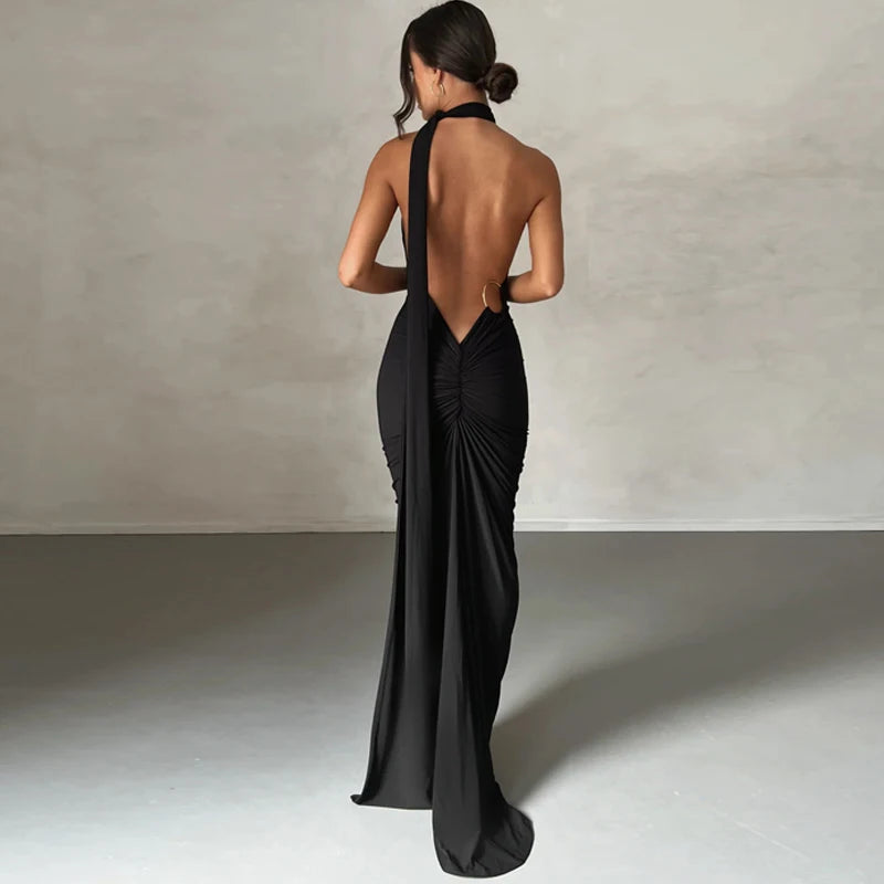 Backless Scrunch Adjustable Shoulder Scarf Dress