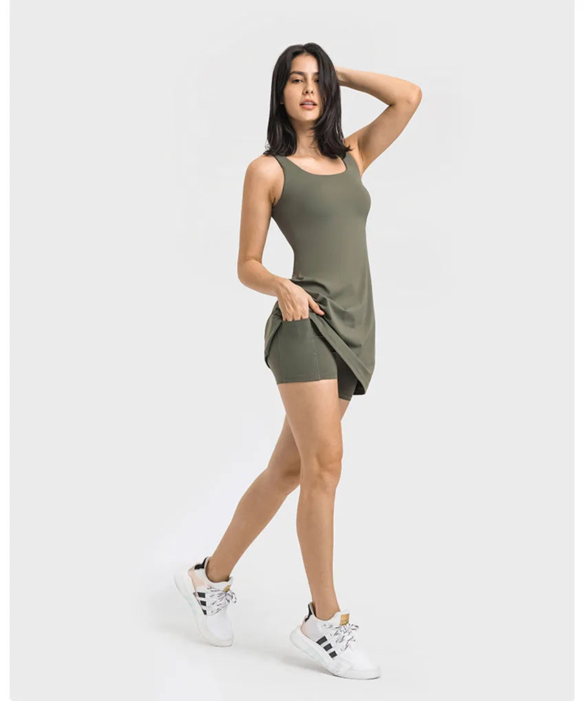 Active Sleeveless Dress Skirt w/ Shorts&Pocket
