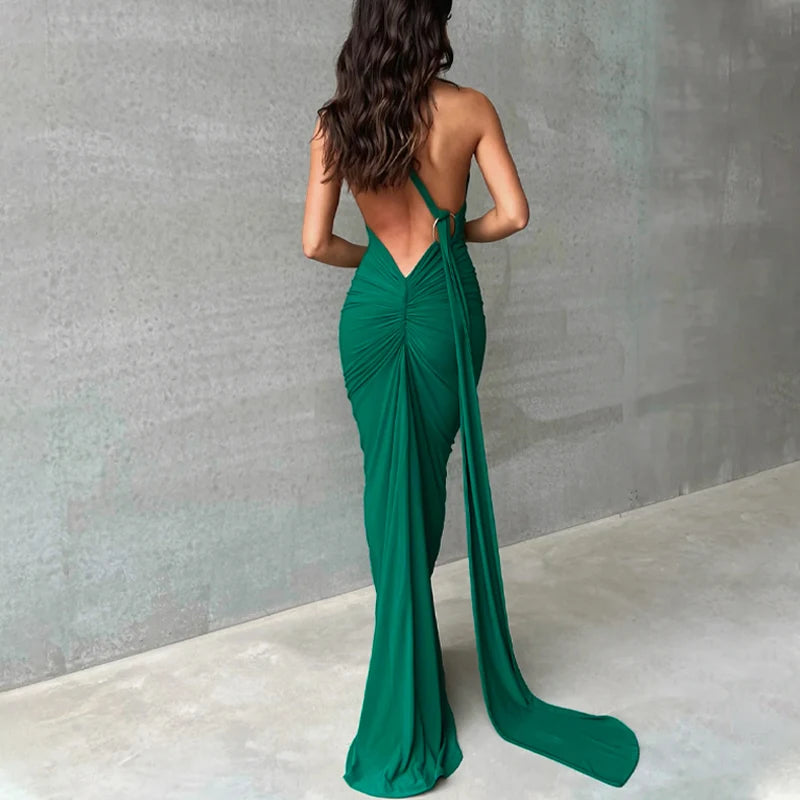 Backless Scrunch Adjustable Shoulder Scarf Dress
