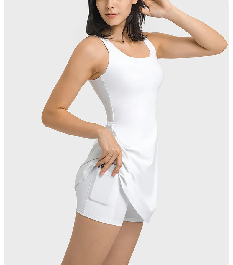 Active Sleeveless Dress Skirt w/ Shorts&Pocket
