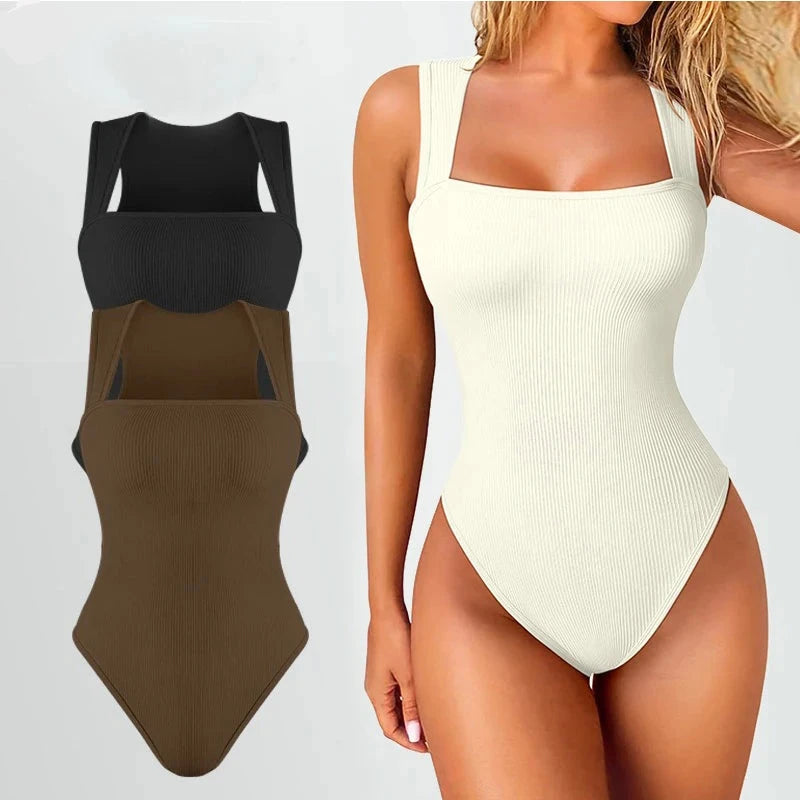 High Waist Square Collar Thong Bodysuit
