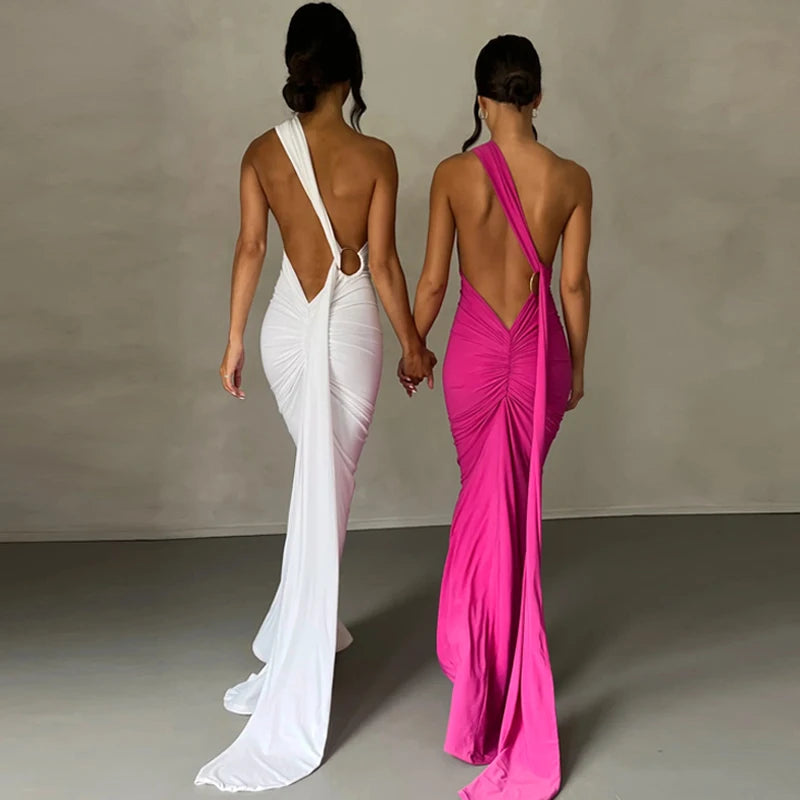 Backless Scrunch Adjustable Shoulder Scarf Dress