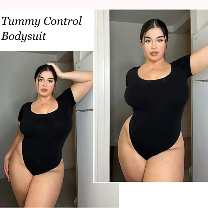 Short Sleeve U Neck Tummy Control Thong Bodysuit
