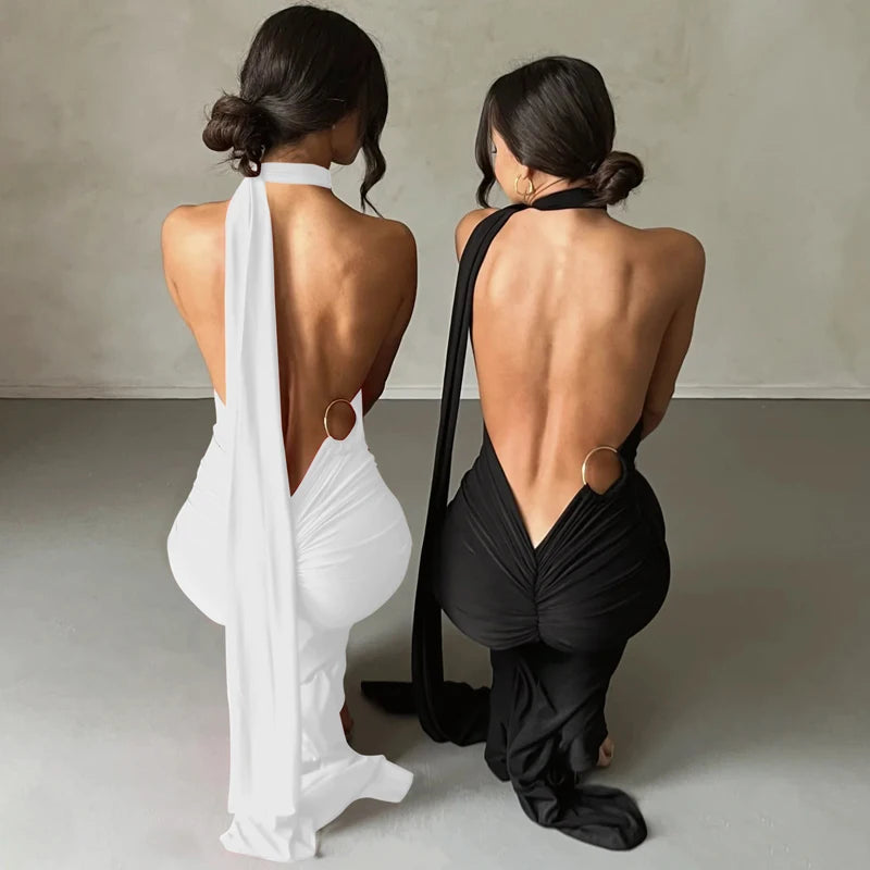 Backless Scrunch Adjustable Shoulder Scarf Dress