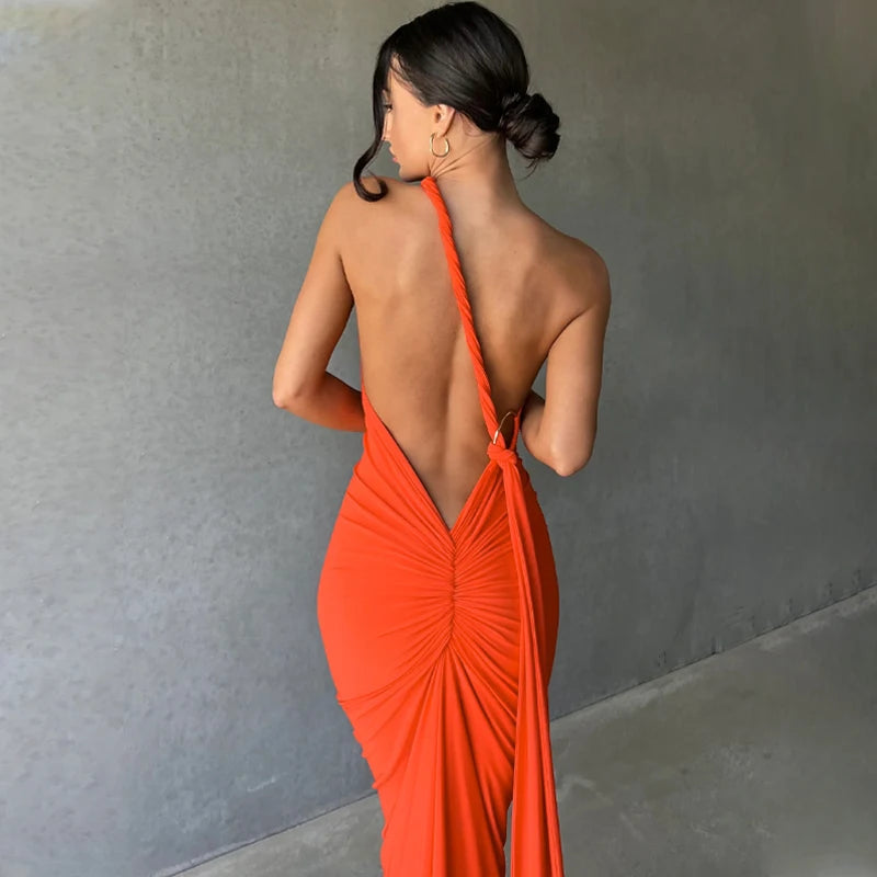 Backless Scrunch Adjustable Shoulder Scarf Dress