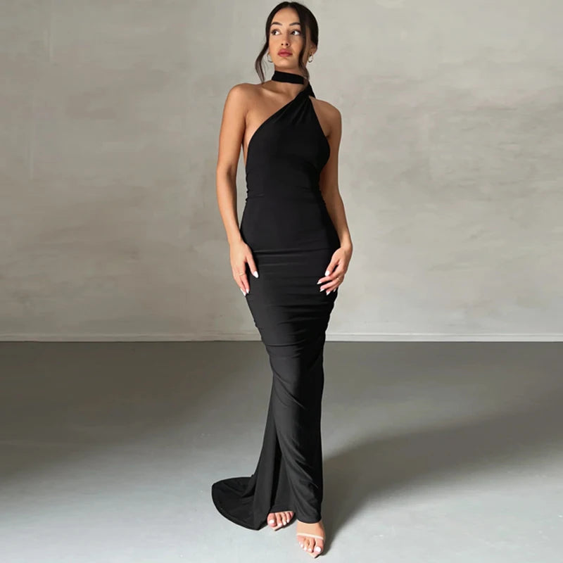 Backless Scrunch Adjustable Shoulder Scarf Dress