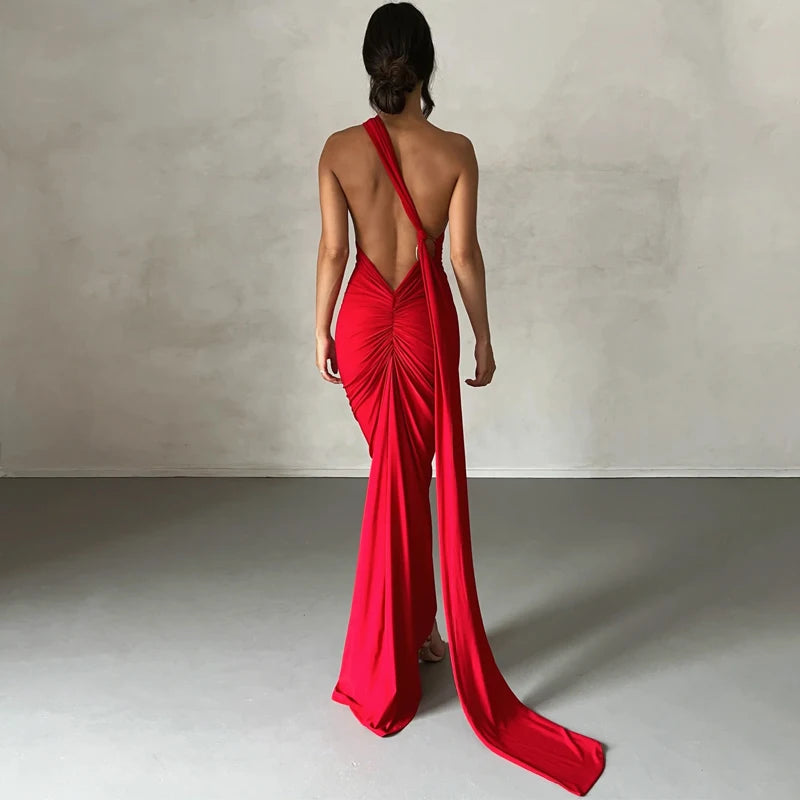 Backless Scrunch Adjustable Shoulder Scarf Dress