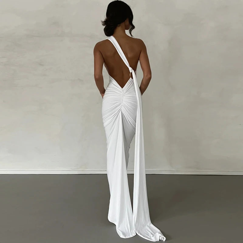 Backless Scrunch Adjustable Shoulder Scarf Dress