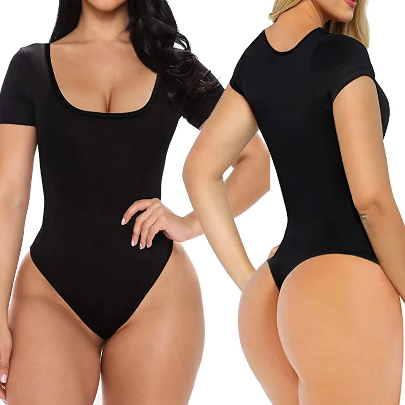 Short Sleeve U Neck Tummy Control Thong Bodysuit