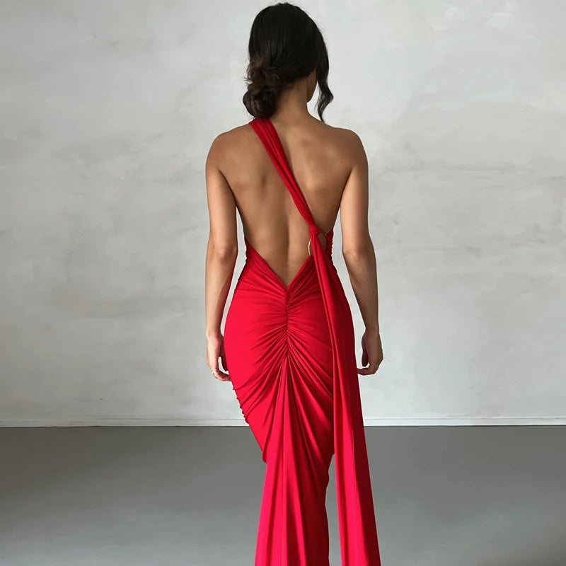 Backless Scrunch Adjustable Shoulder Scarf Dress