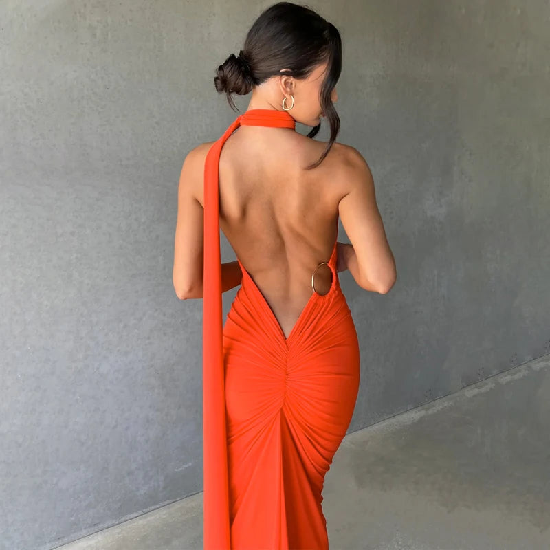 Backless Scrunch Adjustable Shoulder Scarf Dress
