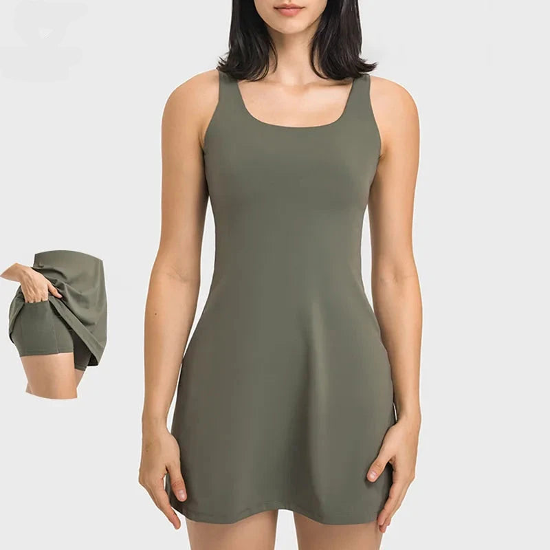 Active Sleeveless Dress Skirt w/ Shorts&Pocket