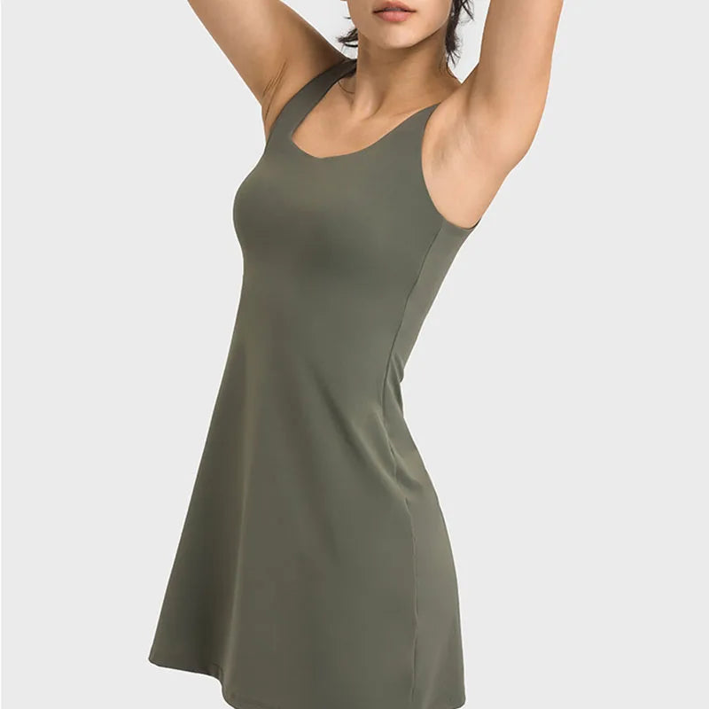 Active Sleeveless Dress Skirt w/ Shorts&Pocket