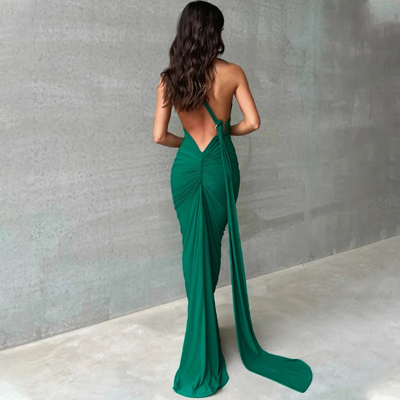Backless Scrunch Adjustable Shoulder Scarf Dress