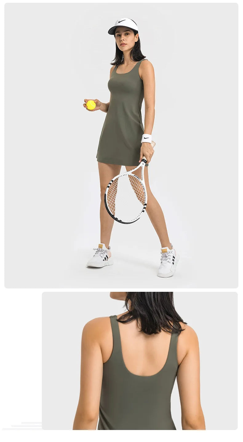 Active Sleeveless Dress Skirt w/ Shorts&Pocket