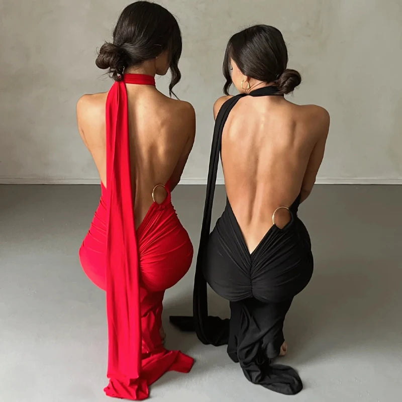 Backless Scrunch Adjustable Shoulder Scarf Dress