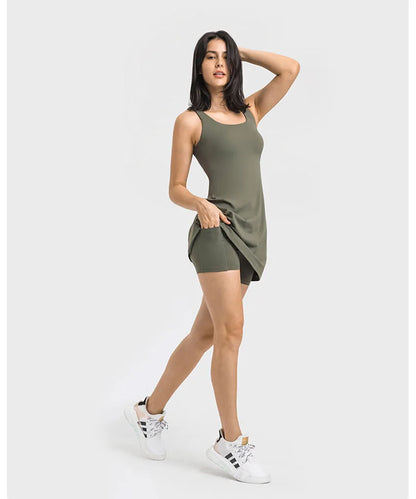 Active Sleeveless Dress Skirt w/ Shorts&Pocket