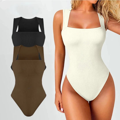 High Waist Square Collar Thong Bodysuit