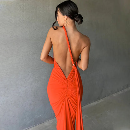 Backless Scrunch Adjustable Shoulder Scarf Dress