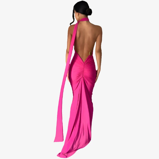Backless Scrunch Adjustable Shoulder Scarf Dress