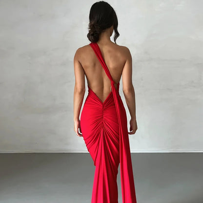 Backless Scrunch Adjustable Shoulder Scarf Dress