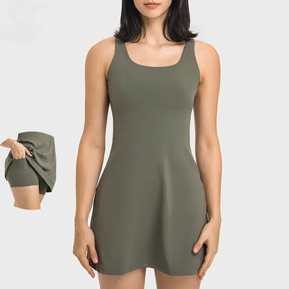 Active Sleeveless Dress Skirt w/ Shorts&Pocket
